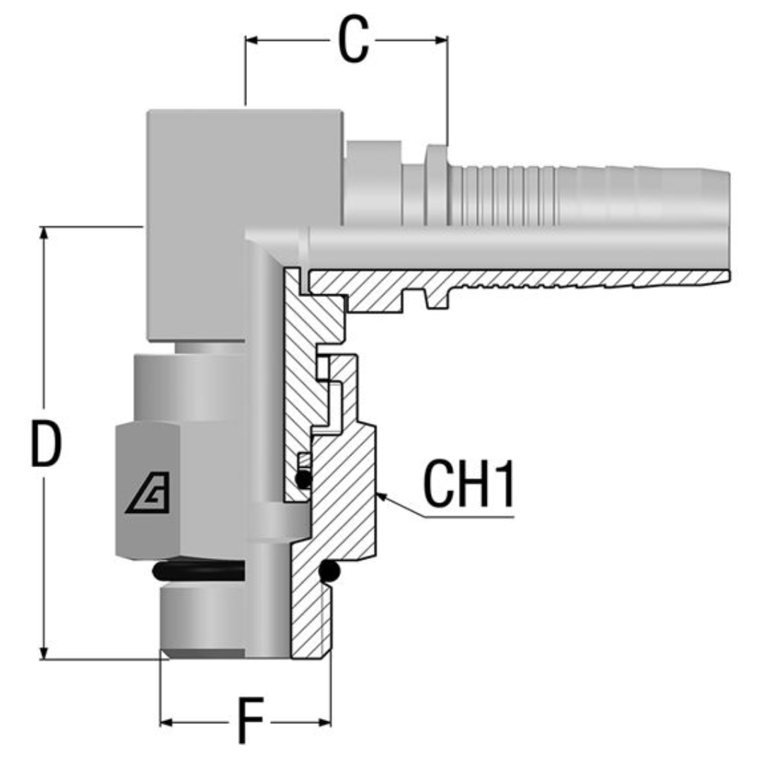 A-0808-MBS9 : Alfagomma 90-Degree Compact Steel Fitting, 1/2 (-08) Hose x 3/4-16 (-08) Male ORB Swivel