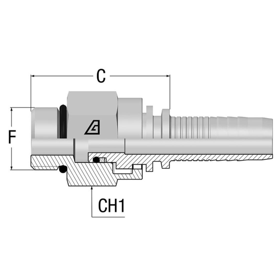 A-0810-MOBS : Alfagomma Straight Steel Fitting, 1/2 (-08) Hose x 7/8-14 (-10) Male ORB Swivel