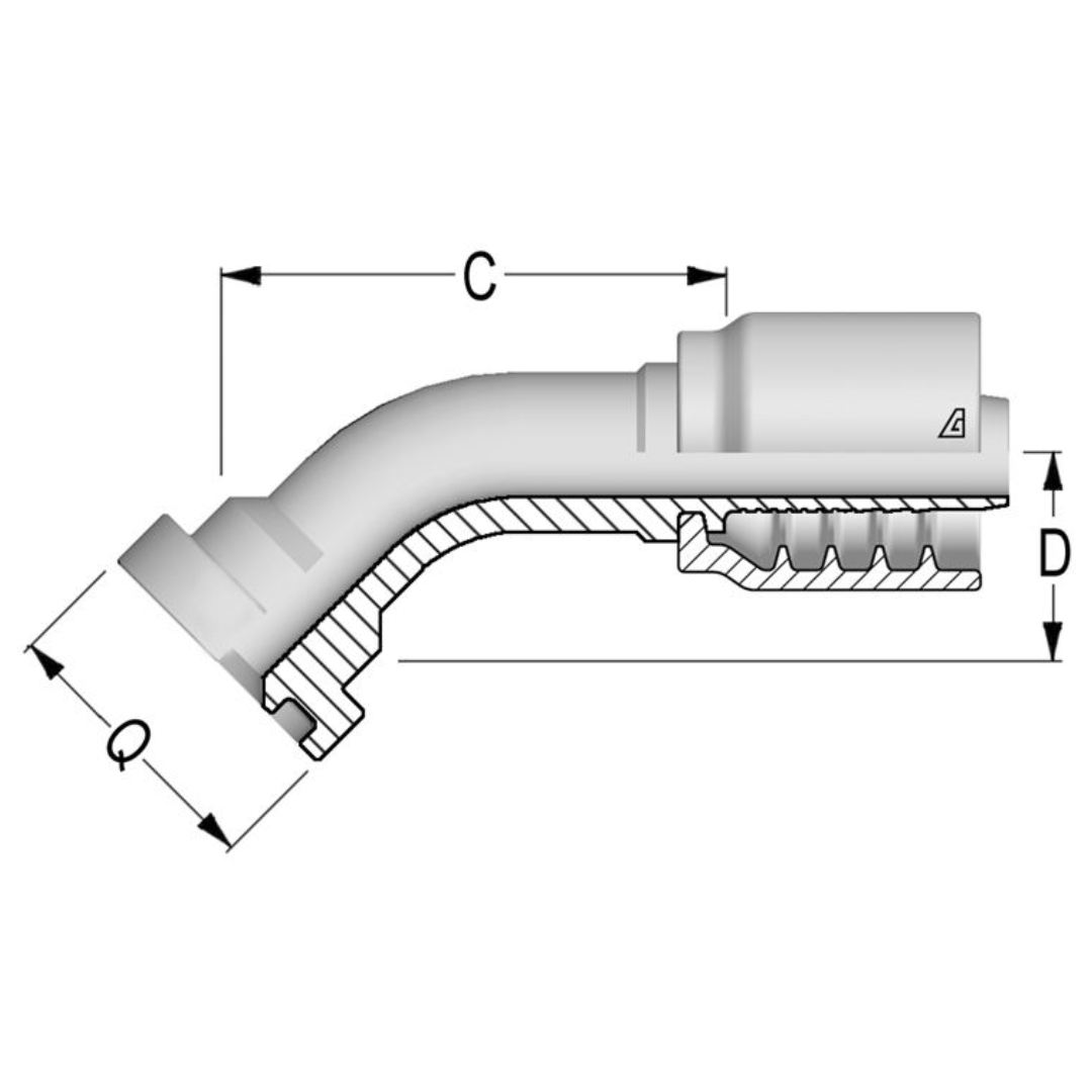 B-0808-C624 : Alfagomma 45-Degree Steel Fitting, 1/2 (-08) Hose x 1/2" (-08) Code 62 Flange, 6000psi