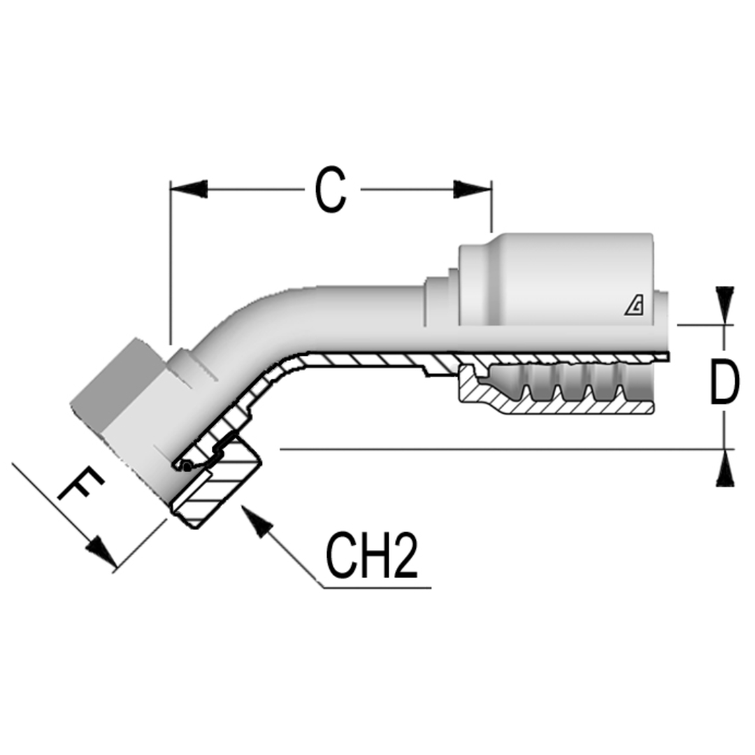 B-1010-FBO4 : Alfagomma 45-Degree Steel Fitting, 5/8 (-10) Hose x 5/8-14 (-10) Female BSPP with O-Ring