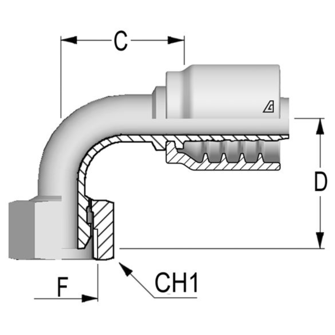 B-0406-FBO9 : Alfagomma 90-Degree Steel Fitting, 1/4 (-04) Hose x 3/8-19 (-06) Female BSPP with O-Ring
