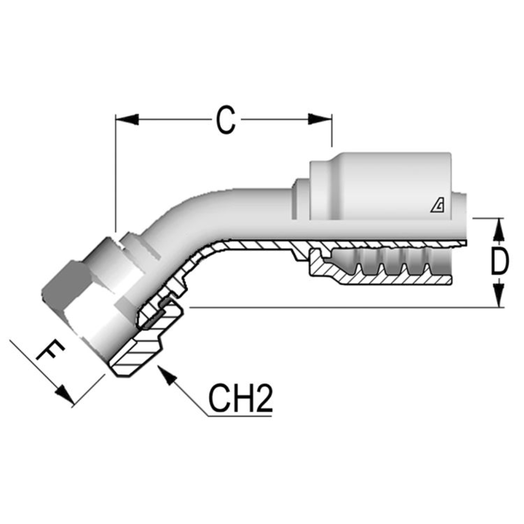 B-0606-FJ45 : Alfagomma 45-Degree Steel Fitting, 3/8 (-06) Hose x 9/16-18 (-06) Female JIC