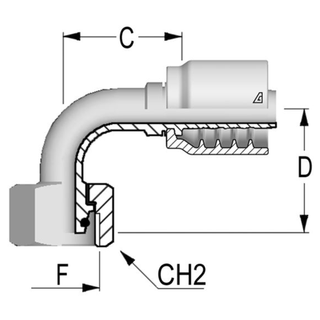 B-1230-FM9H : Alfagomma 90-Degree Steel Fitting, 3/4 (-12) Hose x M30x2.0 (-S20) Female Heavy Duty DIN Tube with O-Ring