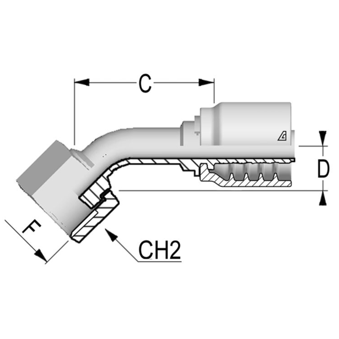 B-1212-FO45 : Alfagomma 45-Degree Steel Fitting, 3/4 (-12) Hose x 1 3/16-12 (-12) Female ORFS