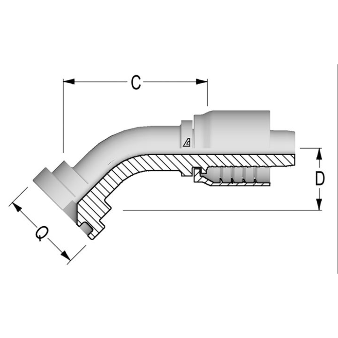 D-2020-C614 : Alfagomma 45-Degree Steel Fitting, 1 1/4 (-20) Hose x 1.25" (-20) Code 61 Flange, 4000psi