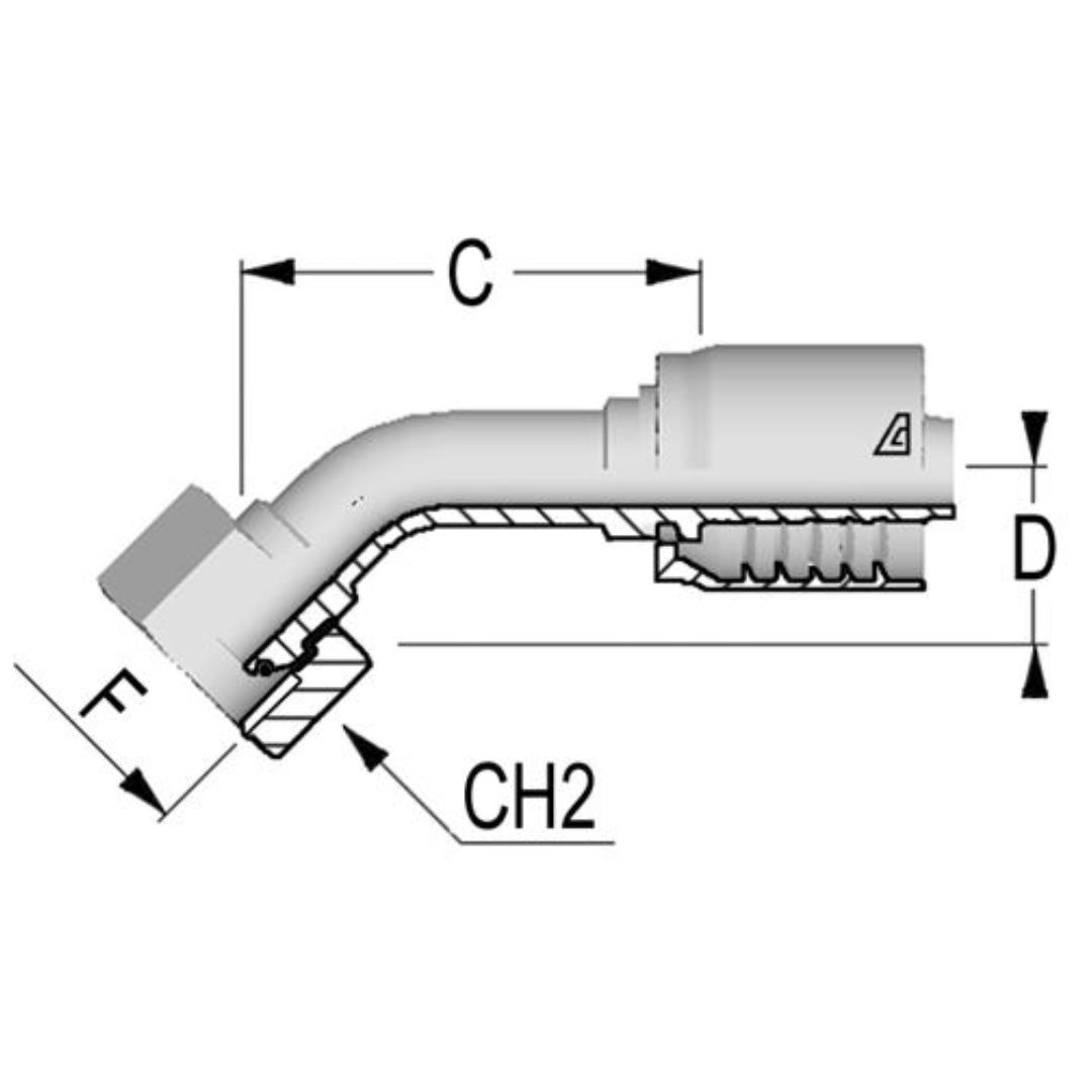 D-0812-FBO4 : Alfagomma 45-Degree Steel Fitting, 1/2 (-08) Hose x 3/4-14 (-12) Female BSP Swivel with O-Ring