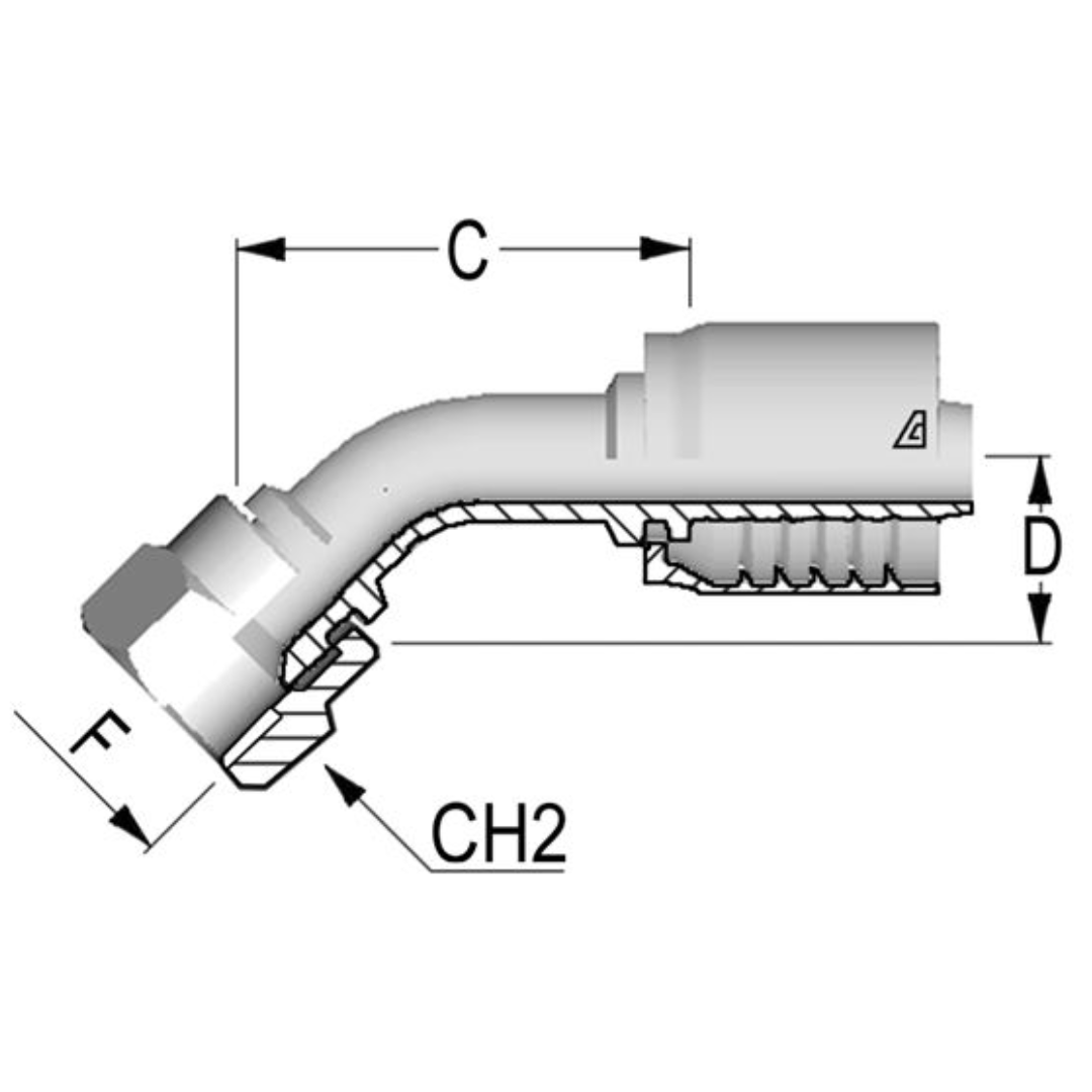 D-2424-FJ45 : Alfagomma 45-Degree Steel Fitting, 1 1/2 (-24) Hose x 1 7/8-12 (-24) Female JIC Swivel