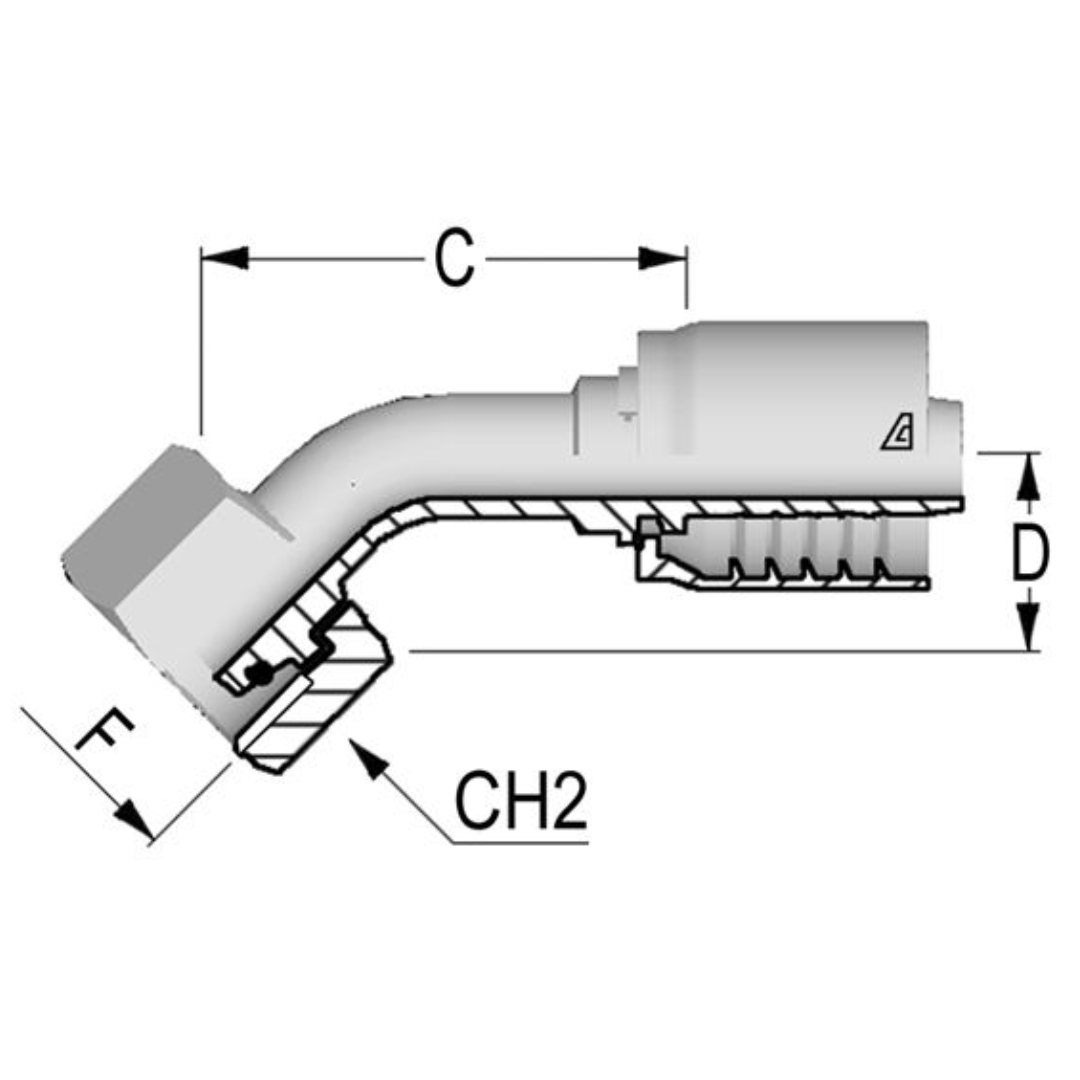 D-1236-FM4H : Alfagomma 45-Degree Steel Fitting, 3/4 (-12) Hose x M36x2 (-S28) Female Heavy Duty DIN Tube with O-Ring
