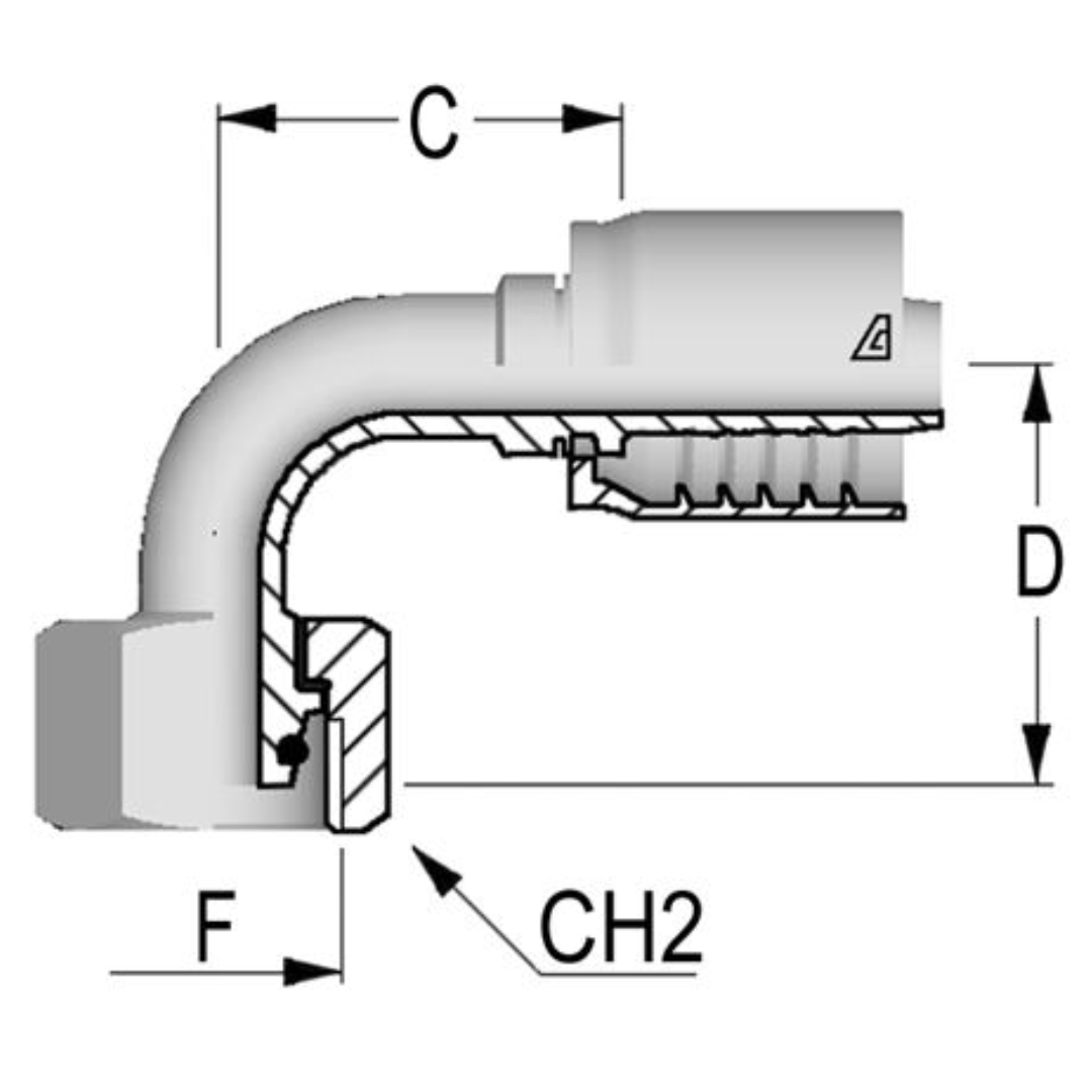 D-0824-FM9H : Alfagomma 90-Degree Steel Fitting, 1/2 (-08) Hose x M24x1.5 (-S16) Female Heavy Duty DIN Tube with O-Ring