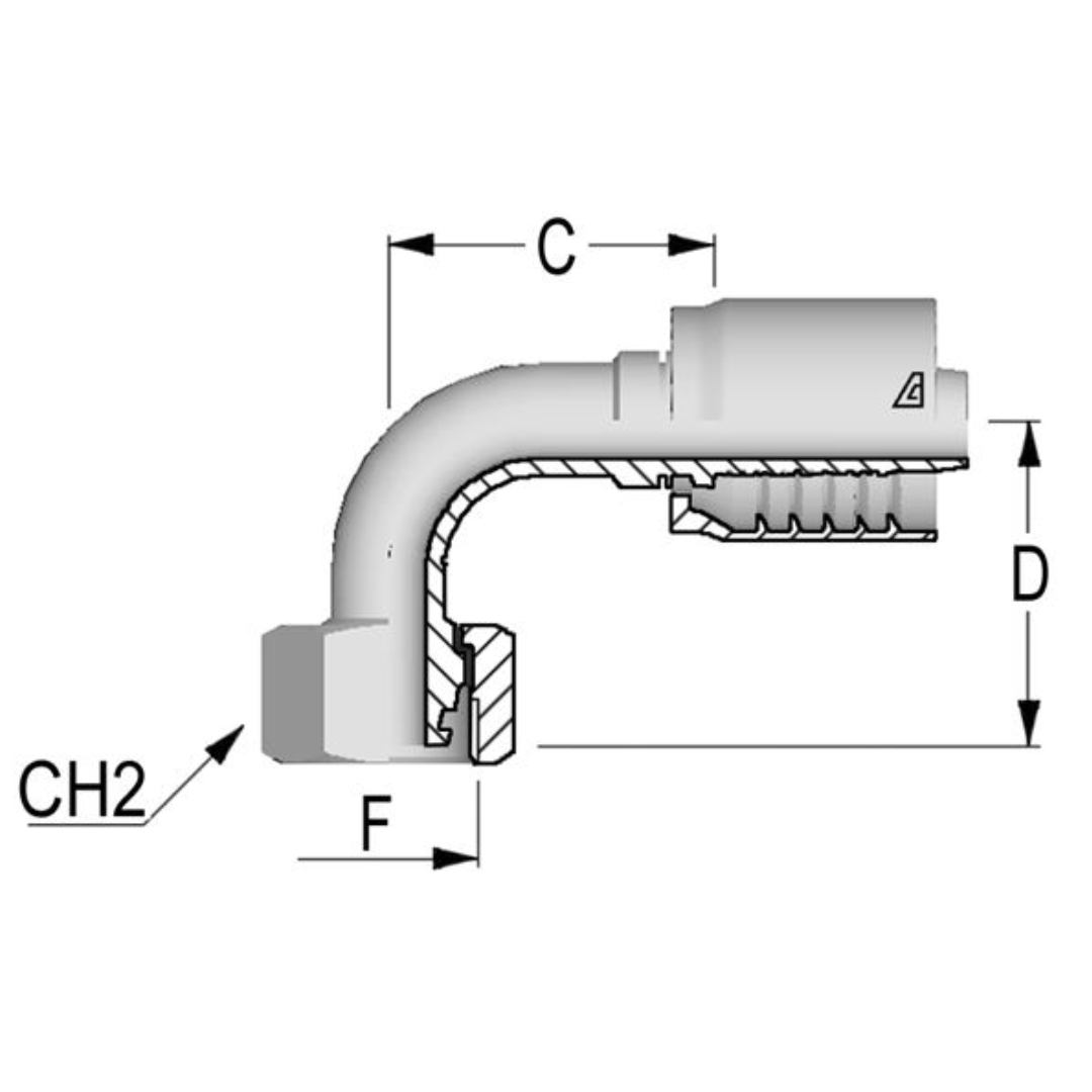 D-1026-FM9L : Alfagomma 90-Degree Steel Fitting, 5/8 (-10) Hose x M26x1.5 (-L18) Female Light Duty DIN Tube with O-Ring