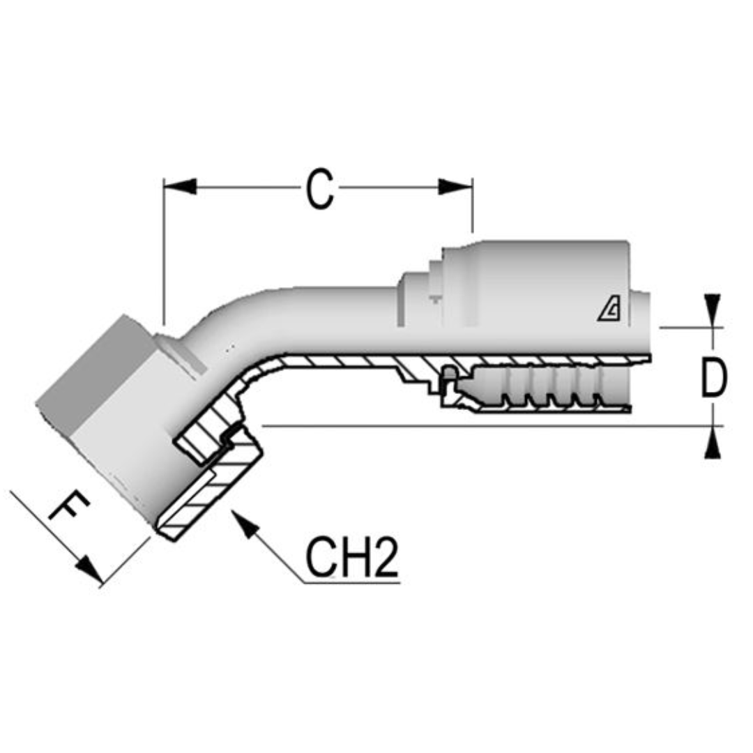 D-2424-FO45 : Alfagomma 45-Degree Steel Fitting, 1 1/2 (-24) Hose x 2-12 (-24) Female ORFS