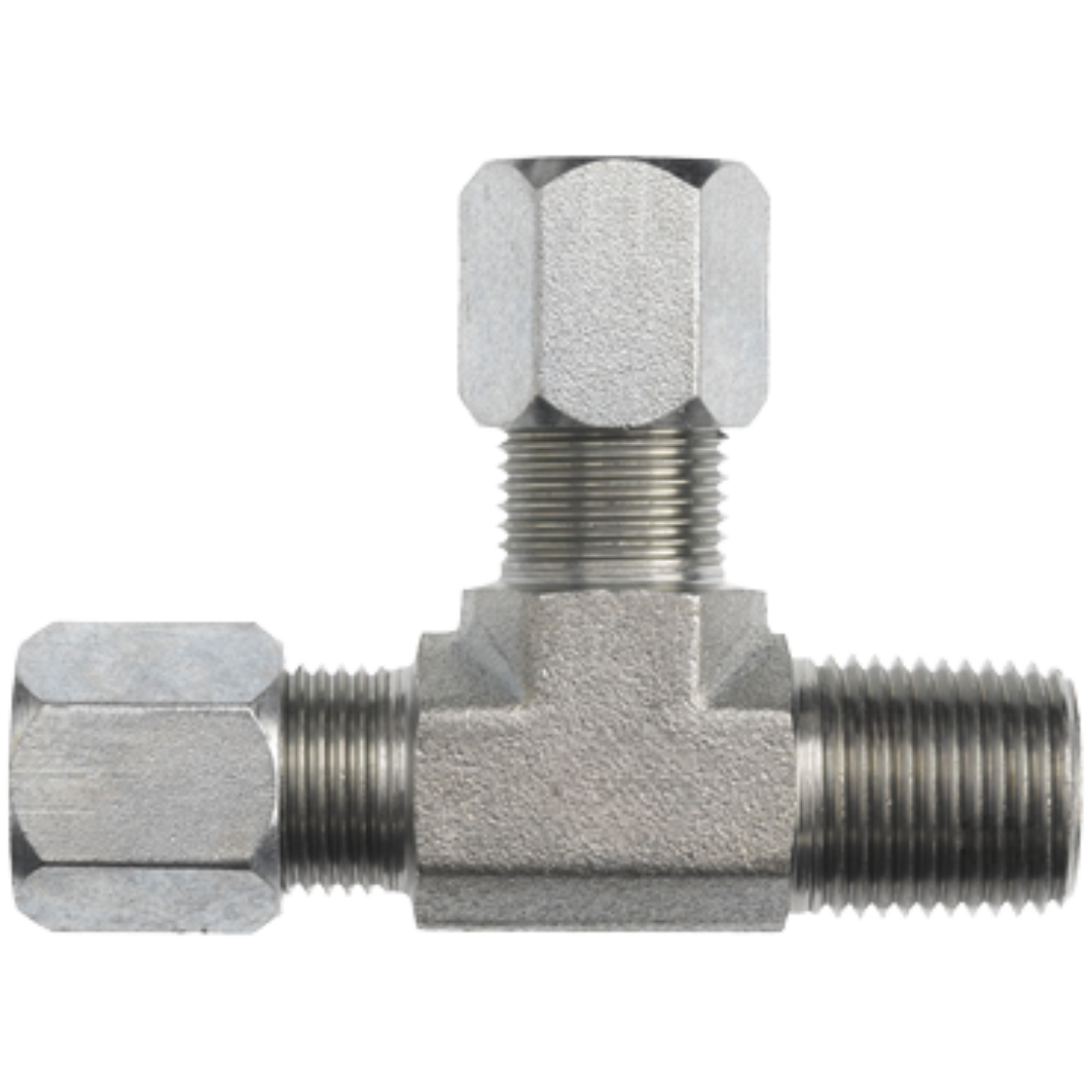 C2605-06-04-06-FG : OneHydraulics Tee Steel Adapter, 9/16-18 (-06) Flareless Bite Type Tube Compression x 1/4-18 (-04) Male NPTF x 9/16-18 (-06) Flareless Bite Type Tube Compression