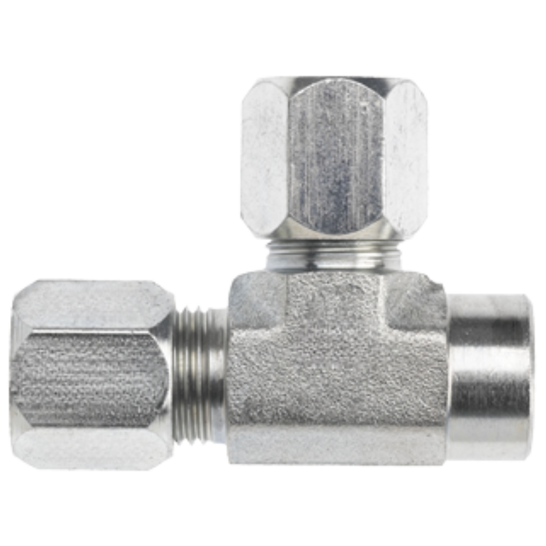C2606-04-04-04-FG : OneHydraulics Tee Steel Adapter, 7/16-20 (-04) Flareless Bite Type Tube Compression x 1/4-18 (-04) Female NPTF x 7/16-20 (-04) Flareless Bite Type Tube Compression
