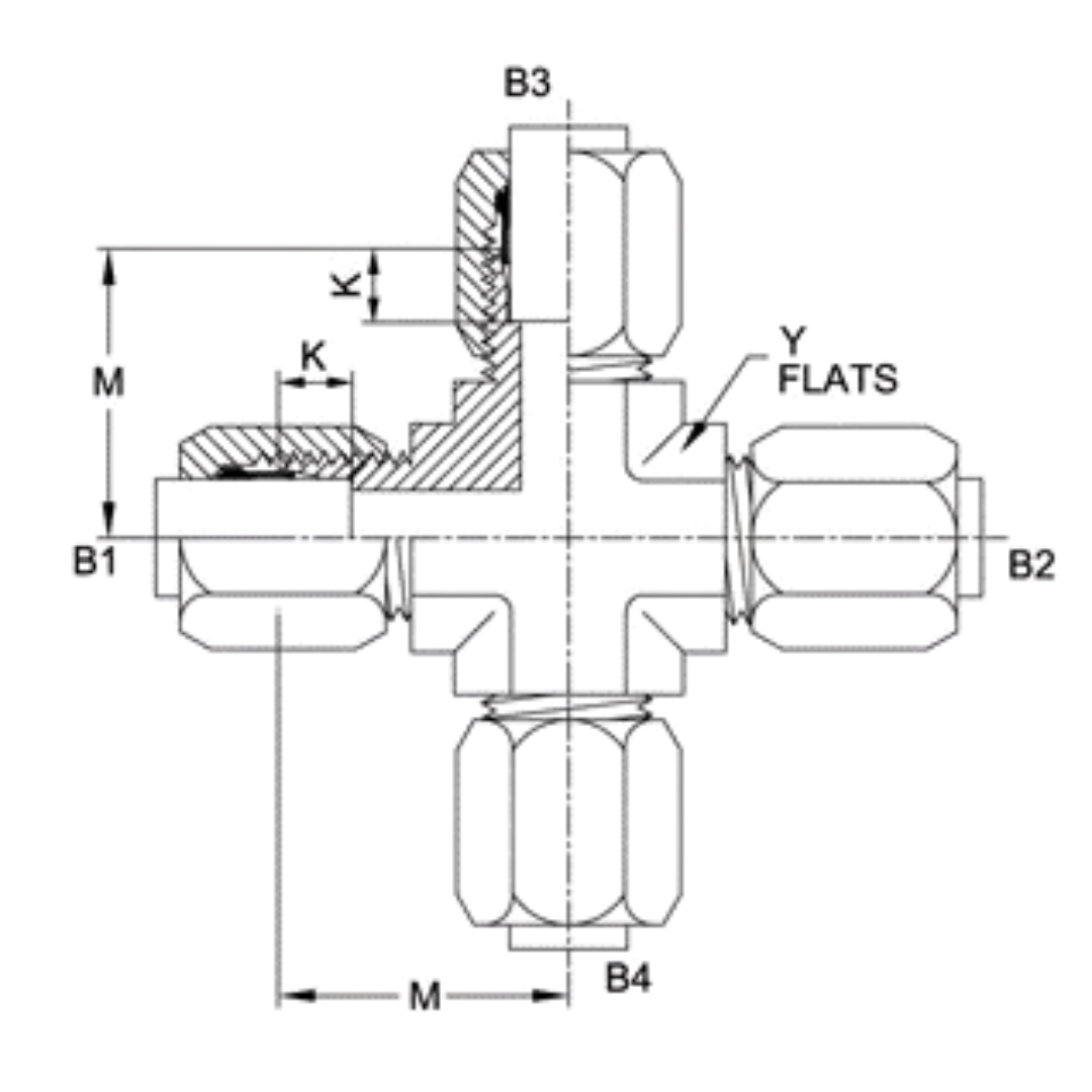 C2650-06-06-06-06-FG : OneHydraulics Cross Union Steel Adapter, 9/16-18 (-06) Flareless Bite Type Tube Compression