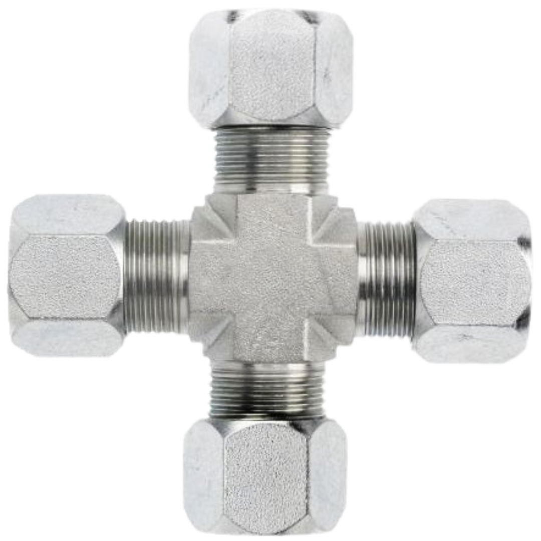 C2650-06-06-06-06-FG : OneHydraulics Cross Union Steel Adapter, 9/16-18 (-06) Flareless Bite Type Tube Compression