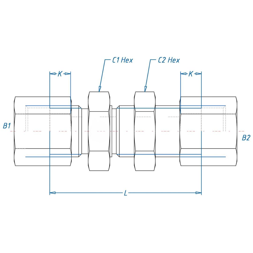 C2700-12-12-SS : OneHydraulics Straight Stainless Bulkhead Union, 1-1/16-12 (-12) Flareless Bite Type Tube Compression x 1-1/16-12 (-12) Flareless Bite Type Tube Compression
