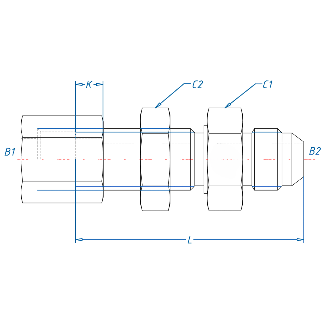 C2707-08-08 : OneHydraulics Straight Steel Bulkhead Adapter, 3/4-16 (-08) Flareless Bite Type Tube Compression x 3/4-16 (-08) Male JIC