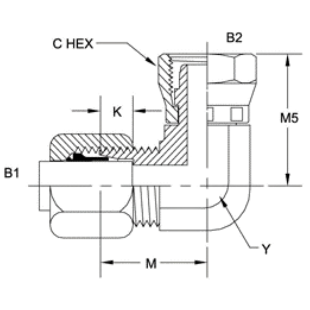 C6500-08-08-FG : OneHydraulics 90-Degree Steel Adapter, 3/4-16 (-08) Flareless Bite Type Tube Compression Swivel Union