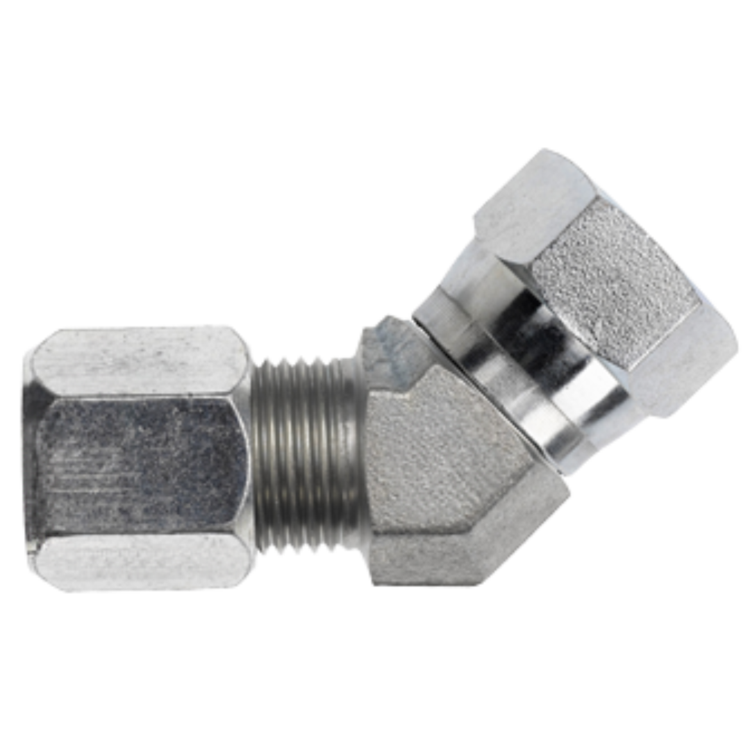 C6502-04-04-SS : OneHydraulics 45-Degree Stainless Adapter, 7/16-20 (-04) Flareless Bite Type Tube Compression x 7/16-20 (-04) Flareless Bite Type Tube Compression Swivel