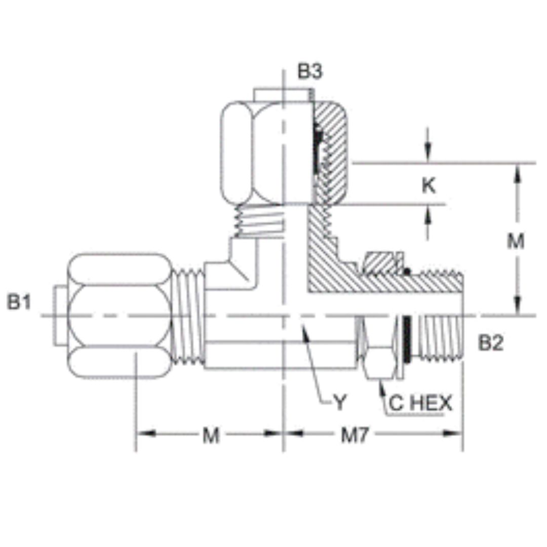 C6804-06-06-06-NWO-SS : OneHydraulics Branch Tee Stainless Adapter, 9/16-18 (-06) Flareless Bite Type Tube Compression x 9/16-18 (-06) Male Adjustable ORB x 9/16-18 (-06) Flareless Bite Type Tube Compression
