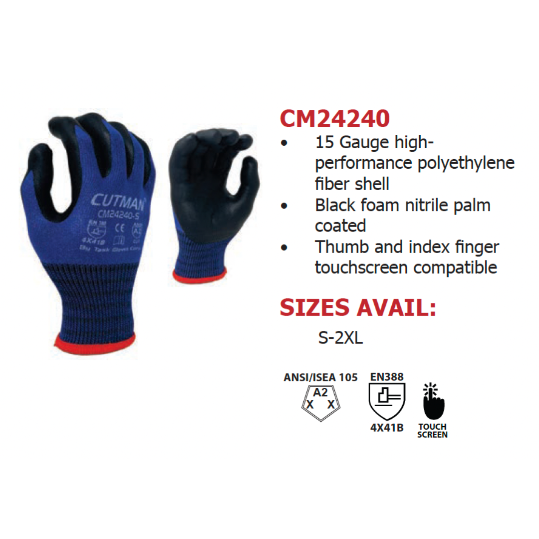 CM24240 : CUTMAN 15 Gauge Blue Nylon w/ Glass fiber shell, Black Foam Nitrile palm coated, Touchscreen compatible, ANSI Cut A2, 12-Pack
