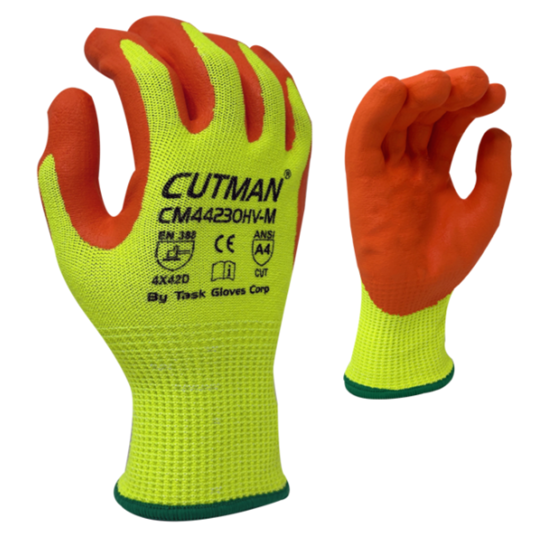 CM44230HV : CUTMAN 13 Gauge Hi-Vis Yellow HDPE shell, Hi-Vis Orange Foam Nitrile Palm coated, ANSI Cut A4, 12-Pack