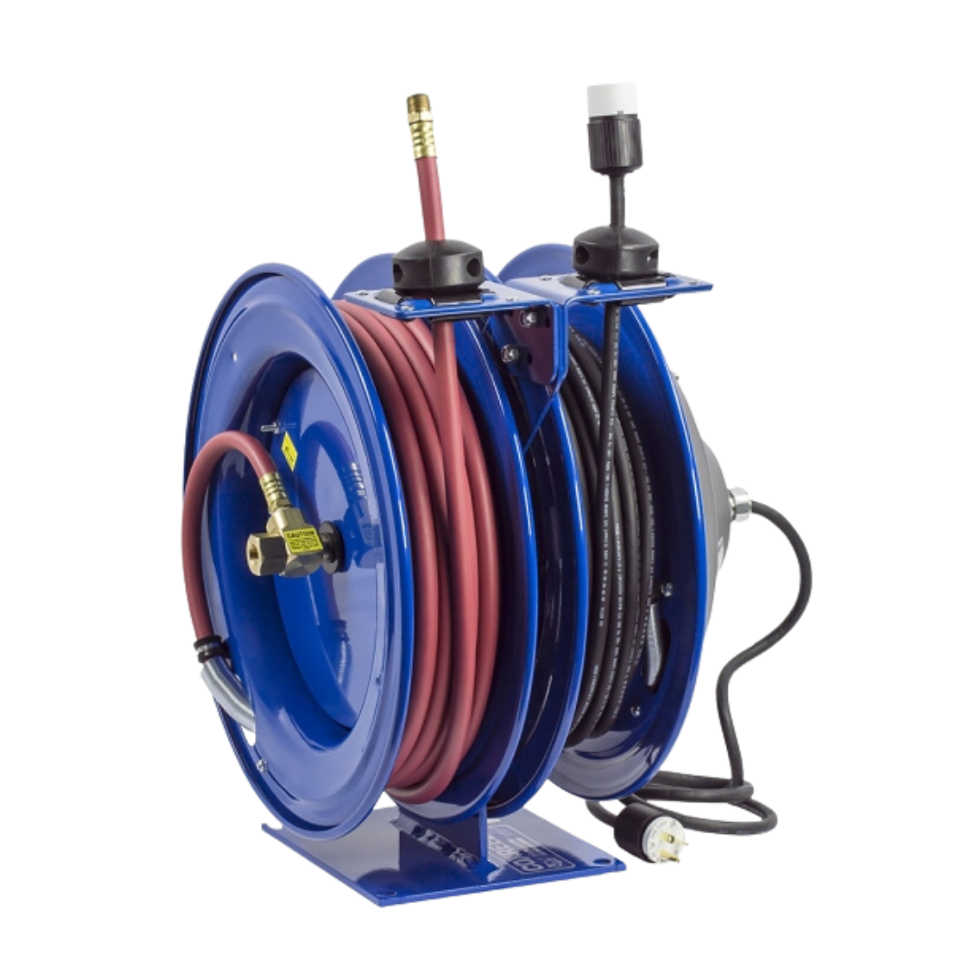 C-L350-5012-B : Coxreels C-L350-5012-B Dual Purpose Electric/Air Spring Rewind Reels, 50' 3/8" ID hose, 300psi, Quad Receptacle, 50' cord, 12 AWG