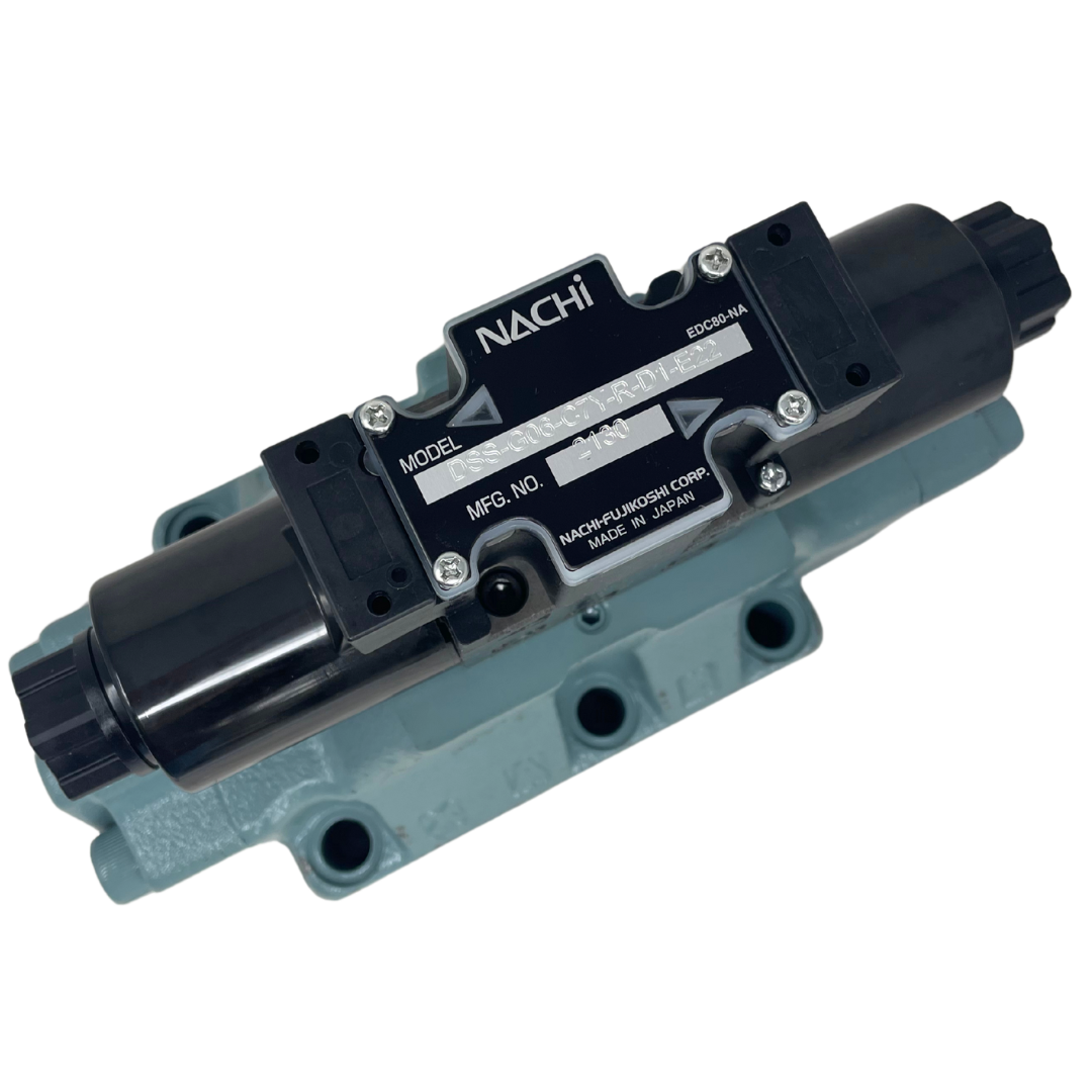 DSS-G06-C7Y-R-D1-E22-FIRE : FIRE SALE NACHI Pilot Operated Directional Valve, D08, 12VDC Terminal Box, P to T in Center Position - ALL SALES FINAL