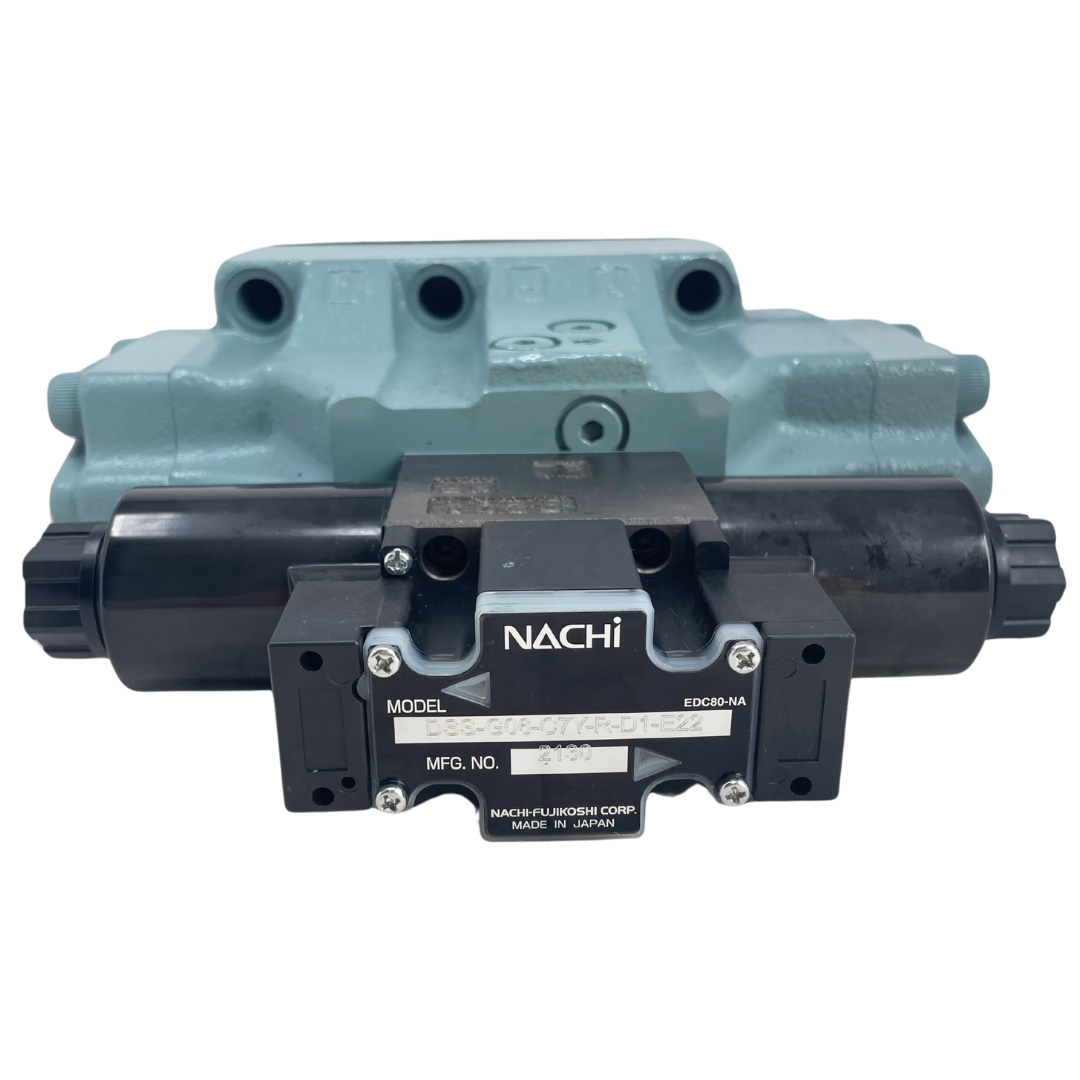 DSS-G06-C7Y-R-D1-E22-FIRE : FIRE SALE NACHI Pilot Operated Directional Valve, D08, 12VDC Terminal Box, P to T in Center Position - ALL SALES FINAL