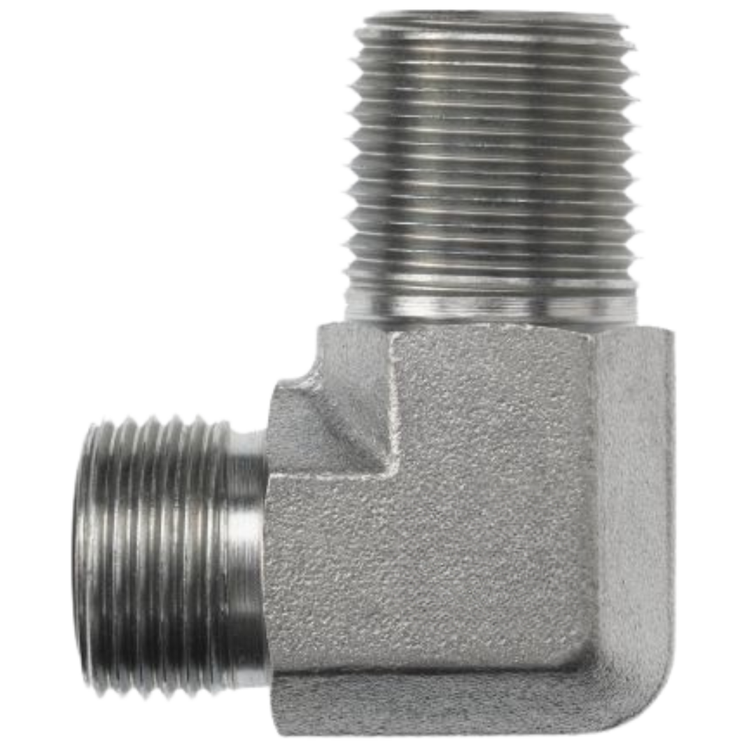 FS2501-08-08-FG : OneHydraulics 90-Degree Steel Adapter, 13/16-16 (-08) Male ORFS x 1/2-14 (-08) Male NPTF, 6000psi