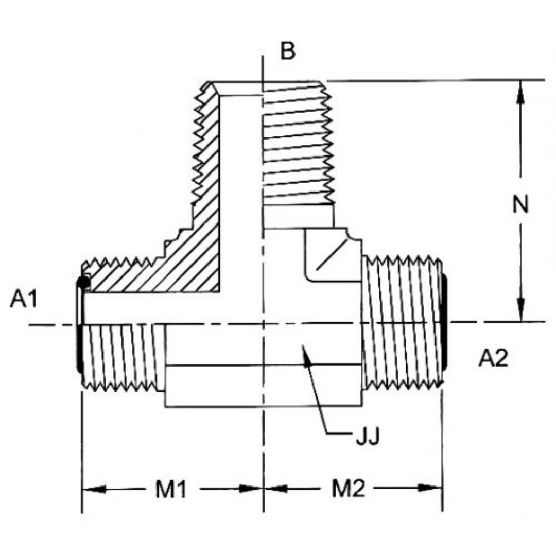 FS2601-10-10-08-FG : OneHydraulics Tee Steel Adapter, 1-14 (-10) Male ORFS x 1-14 (-10) Male ORFS x 1/2-14 (-08) Male NPTF, 6000psi