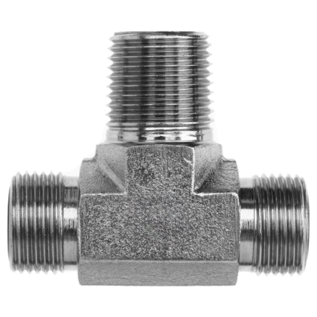FS2601-10-10-08-FG : OneHydraulics Tee Steel Adapter, 1-14 (-10) Male ORFS x 1-14 (-10) Male ORFS x 1/2-14 (-08) Male NPTF, 6000psi
