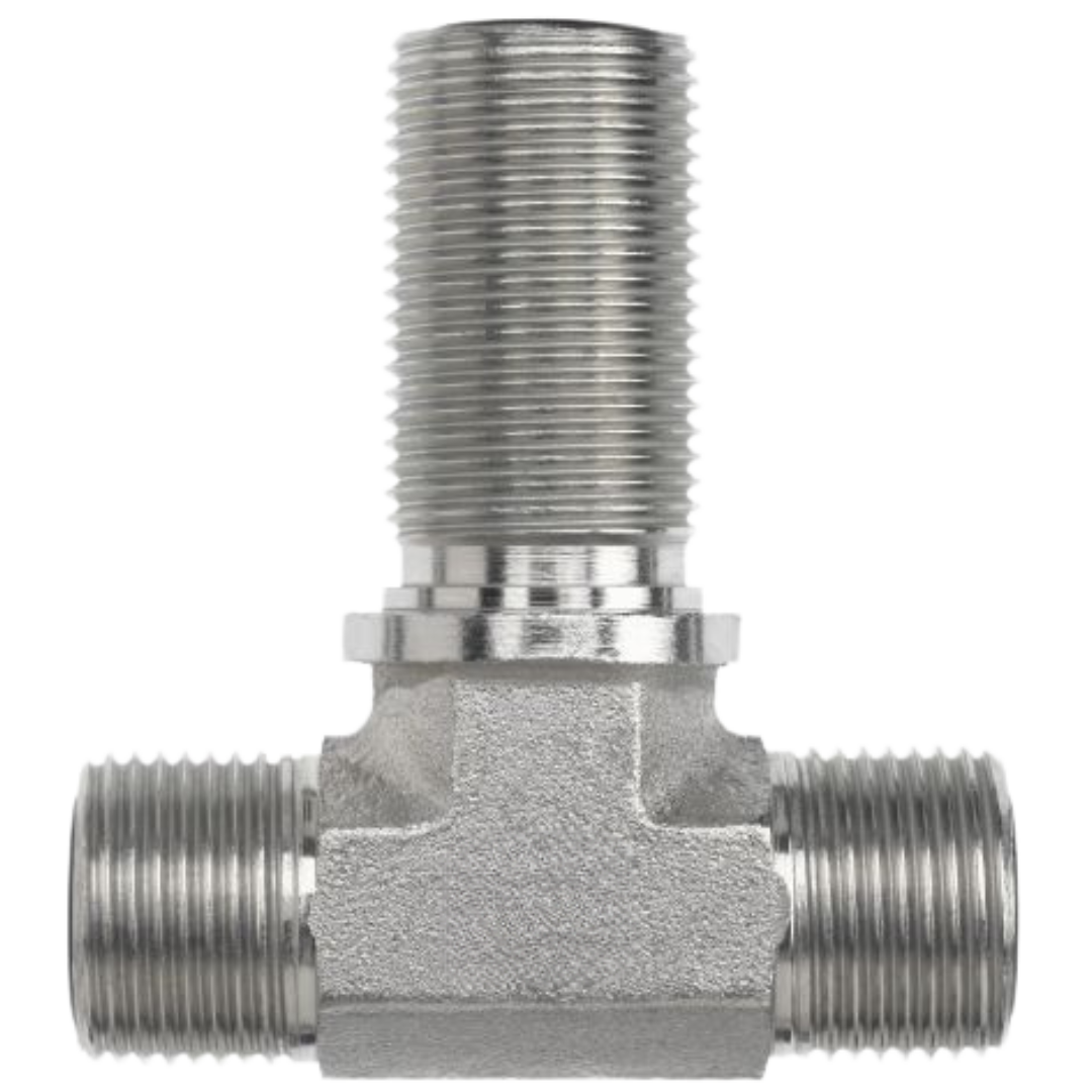 FS2703-04-04-04-FG : OneHydraulics Bulkhead Branch Tee Steel Adapter, 9/16-18 (-04) Male ORFS x 9/16-18 (-04) Male ORFS x 9/16-18 (-04) Male ORFS, 9200psi
