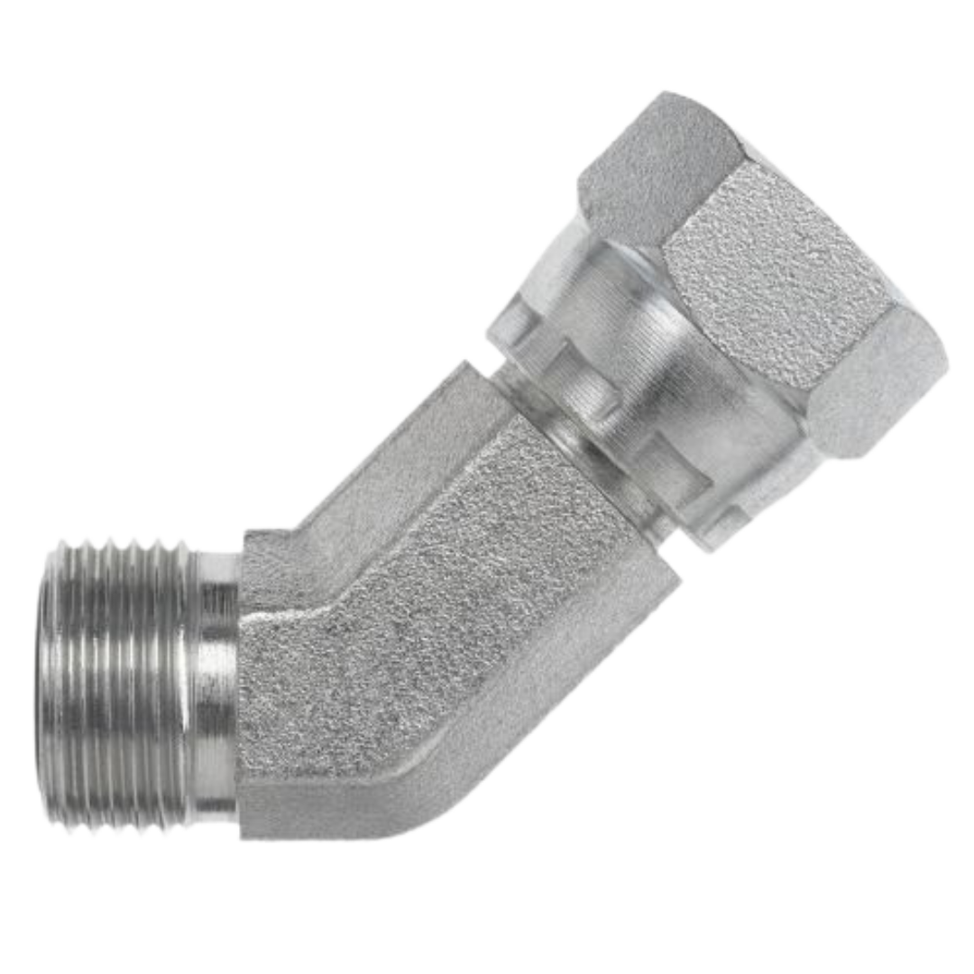 FS6502-16-16-FG : OneHydraulics 45-Degree Steel Adapter, 1-7/16-12 (-16) Male ORFS x 1-7/16-12 (-16) Female ORFS Swivel, 3600psi