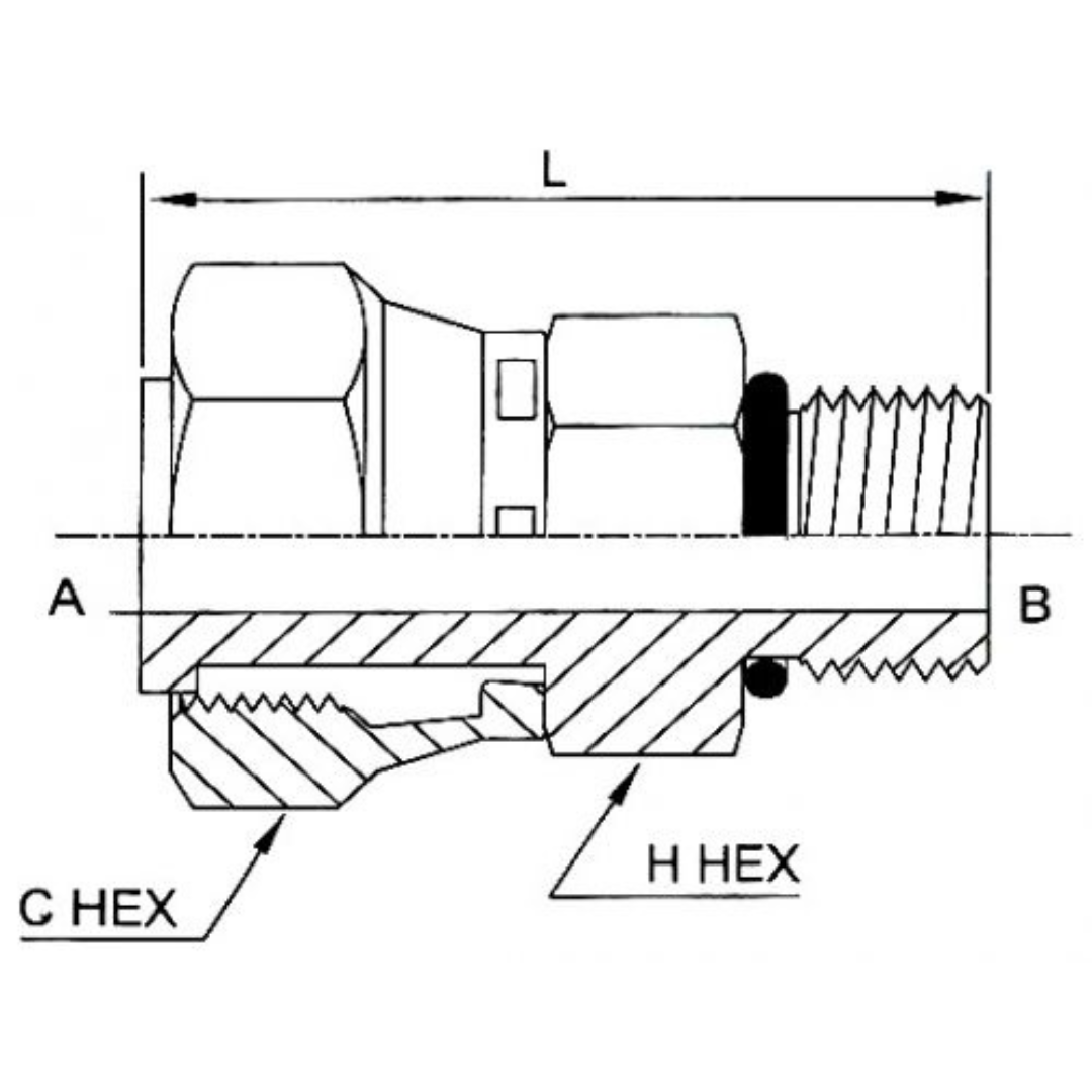 FS6540-08-08-O: OneHydraulics Straight Steel Swivel Adapter, 13/16-16 (-08) Female ORFS x 3/4-16 (-08) Male ORB, 6000psi