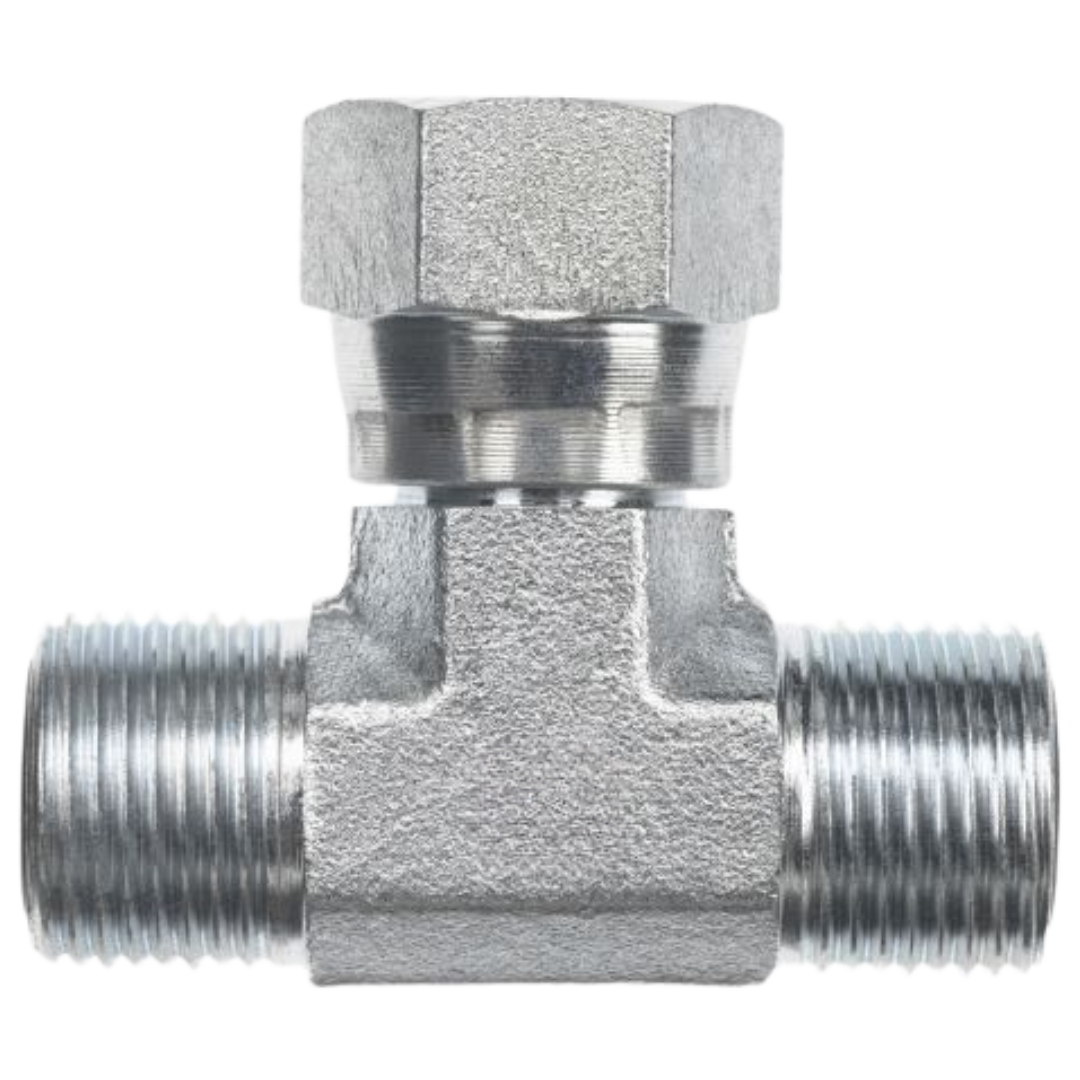 FS6600-08-08-08-FG : OneHydraulics Branch Tee Steel Adapter, 13/16-16 (-08) Male ORFS x 13/16-16 (-08) Male ORFS x 13/16-16 (-08) Female ORFS Swivel, 9200psi