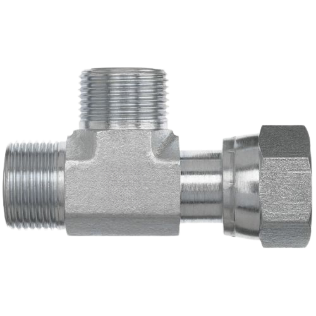 FS6602-16-16-16-FG : OneHydraulics Run Tee Steel Adapter, 1-7/16-12 (-16) Male ORFS x 1-7/16-12 (-16) Female ORFS Swivel x 1-7/16-12 (-16) Male ORFS, 6000psi