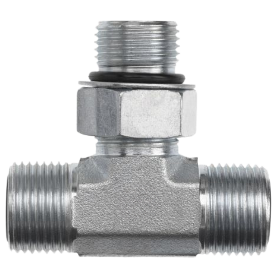 FS6803-04-04-04-NWO-FG : OneHydraulics Tee Steel Adapter, 9/16-18 (-04) Male ORFS x 9/16-18 (-04) Male ORFS x 7/16-20 (-04) Male Adjustable ORB, 6000psi
