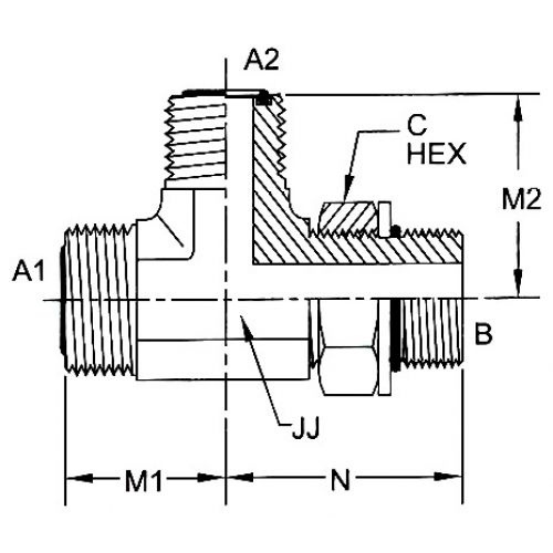 FS6804-08-08-08-NWO-FG : OneHydraulics Tee Steel Adapter, 13/16-16 (-08) Male ORFS x 3/4-16 (-08) Male Adjustable ORB x 13/16-16 (-08) Male ORFS, 6000psi