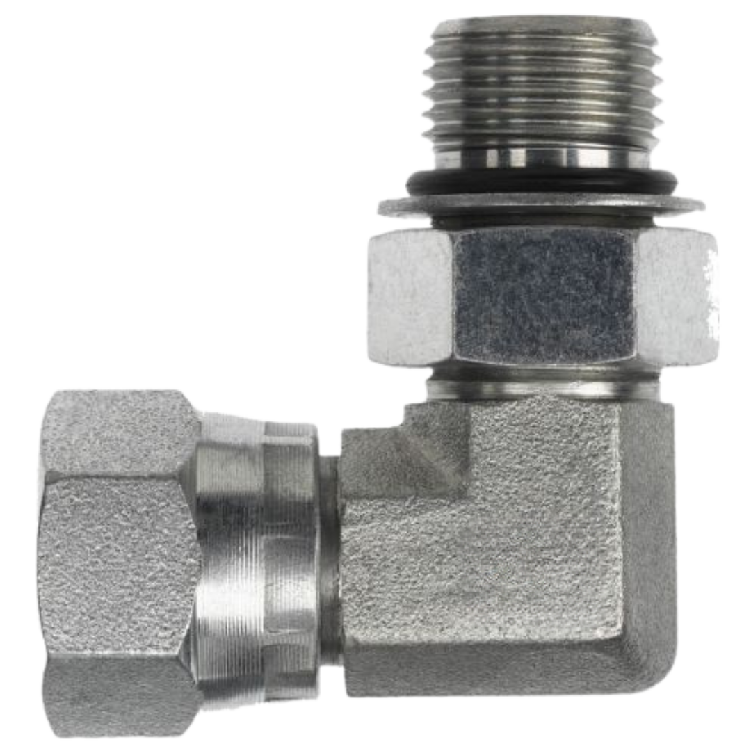 FS6809-06-06-NWO-FG : OneHydraulics 90-Degree Steel Adapter, 11/16-16 (-06) Female ORFS Swivel x 9/16-18 (-06) Male Adjustable ORB, 6000psi