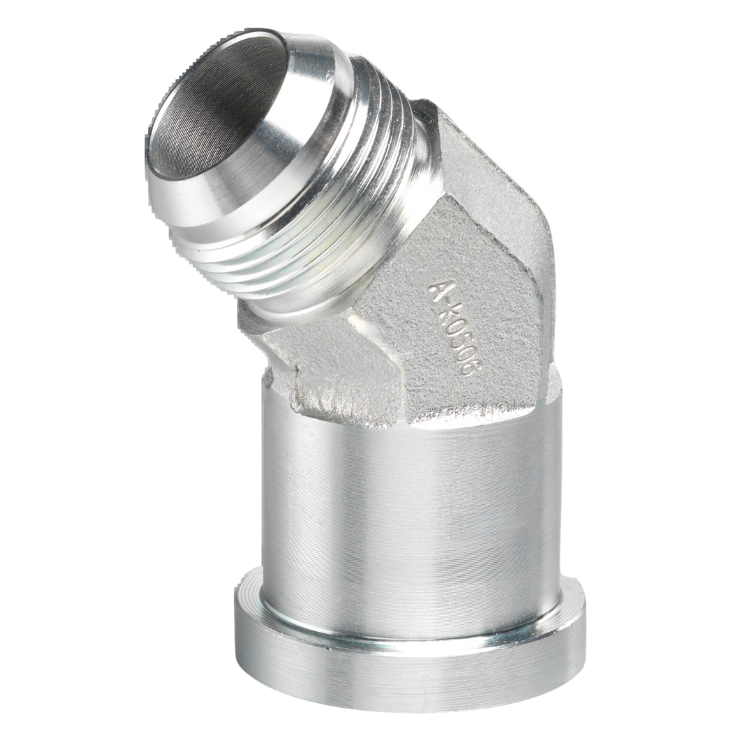 340-16-16 : AFP Split Flange Adapter, Steel, 45-Degree, 1" Male JIC Side 1, 1" C61 Flange Side 2