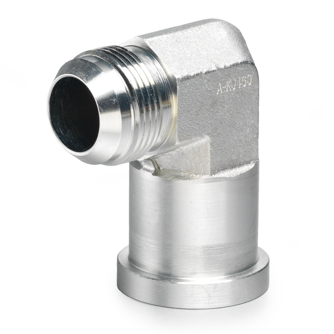 390-24-32 : AFP Split Flange Adapter, Steel, 90-Degree, 1.5 (1-1/2") Male JIC Side 1, 2" C61 Flange Side 2