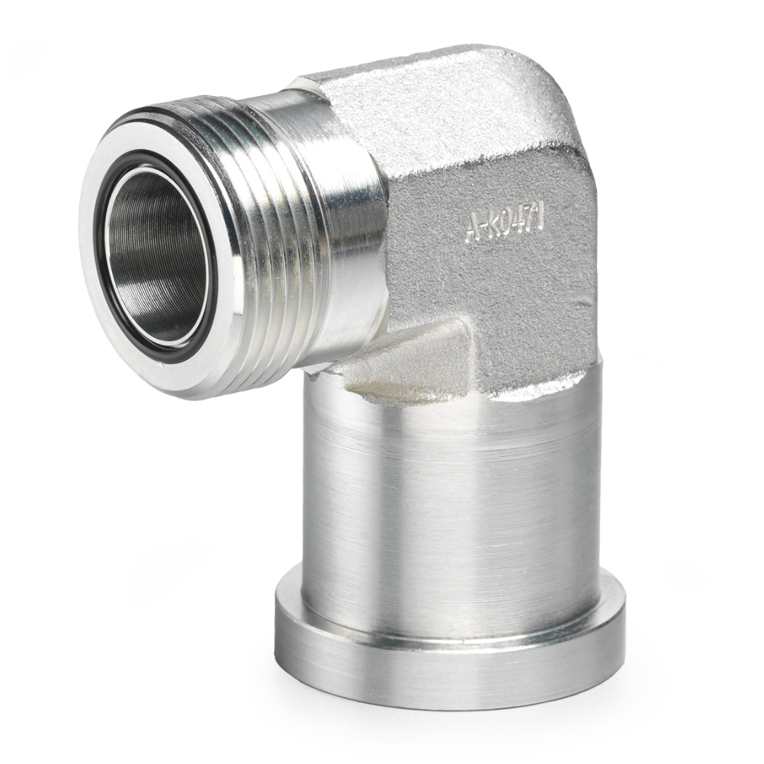 394-20-20 : AFP Split Flange Adapter, Steel, 90-Degree, 1.25 (1-1/4") Male ORFS Side 1, 1.25 (1-1/4") C61 Flange Side 2