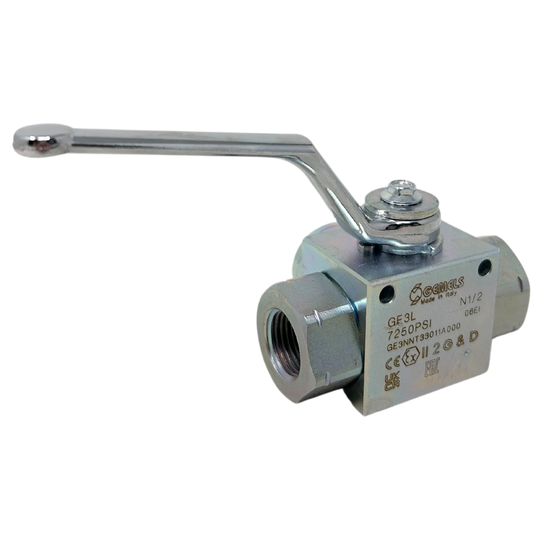GE3L N1/2 DN13 1111AB PSI7250 : Gemels Ball Valve, 3-Way, 7250psi, 1/2 NPT, Carbon Steel