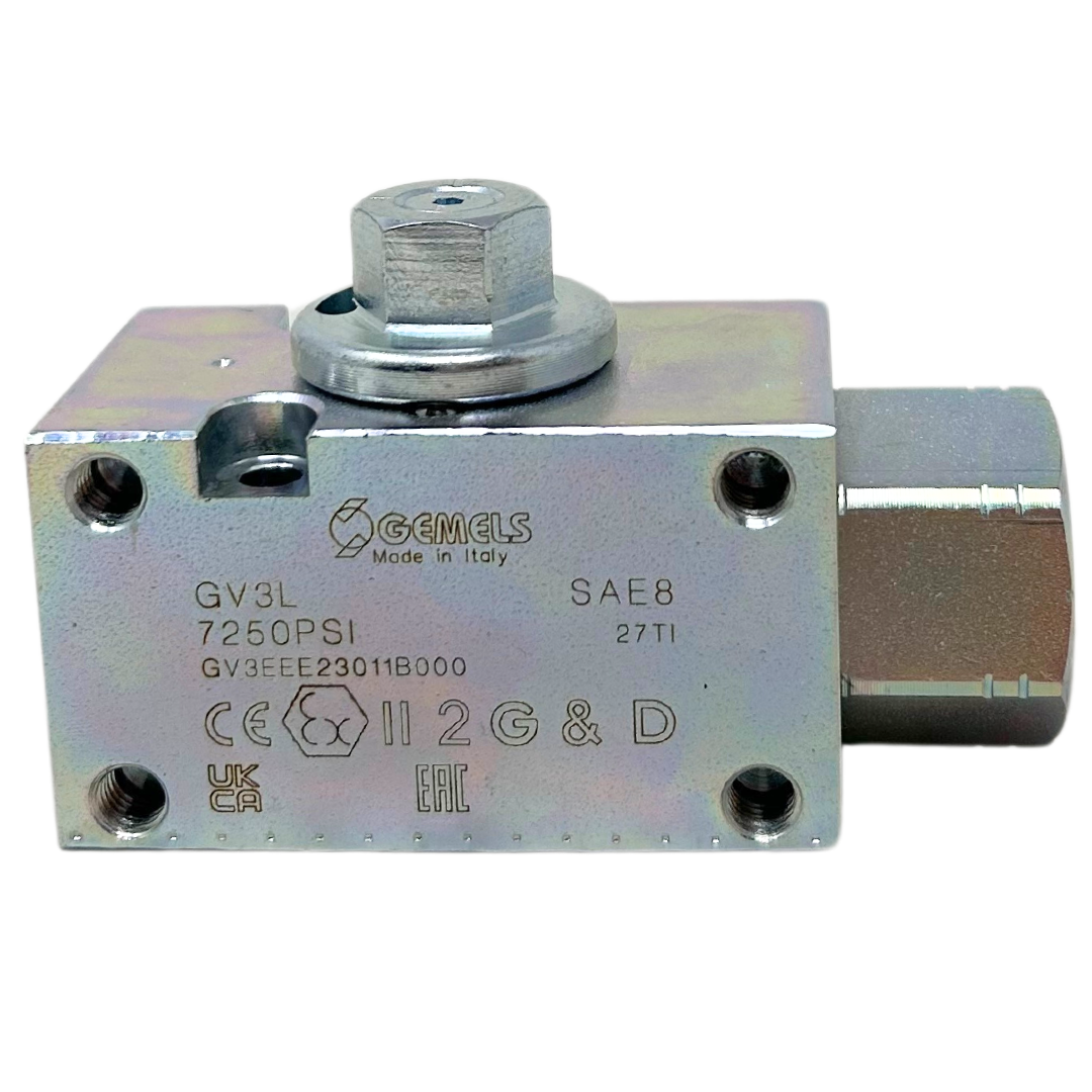 GV3L SAE8 1/2 DN13 1111AE 7250PSI : Gemels 3-Way Excavator Ball Valve, -8 SAE (1/2), 7250psi rated, Carbon Steel