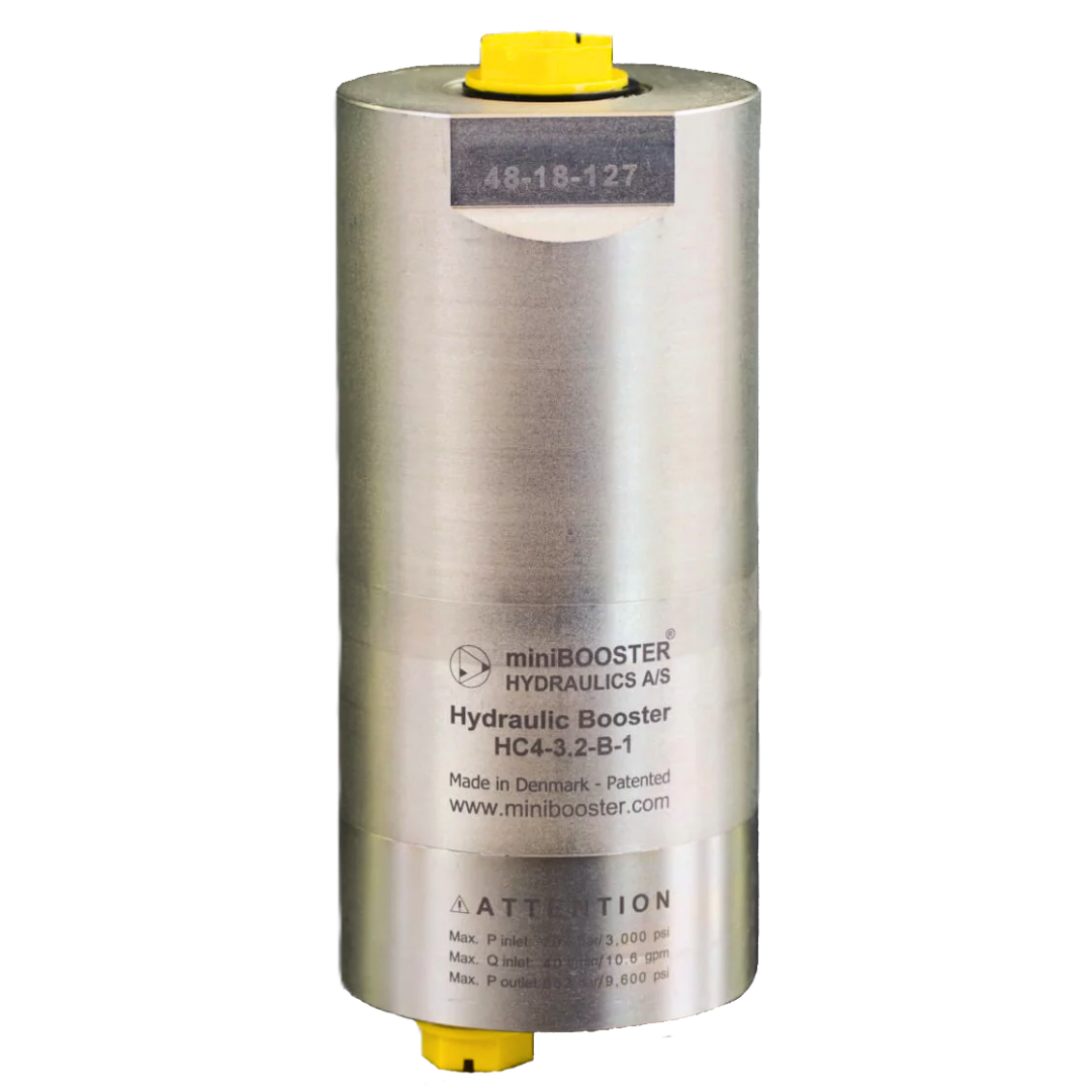 HC4-3.2-B-1 miniBooster Pressure Intensifier, 3.2 Ratio, 3/8" BSPP Inlet Port, 1/2" BSPP Outlet Port, 10.6GPM and 3000psi Inlet, 2.5GPM and 11600psi Outlet, With Dump Valve