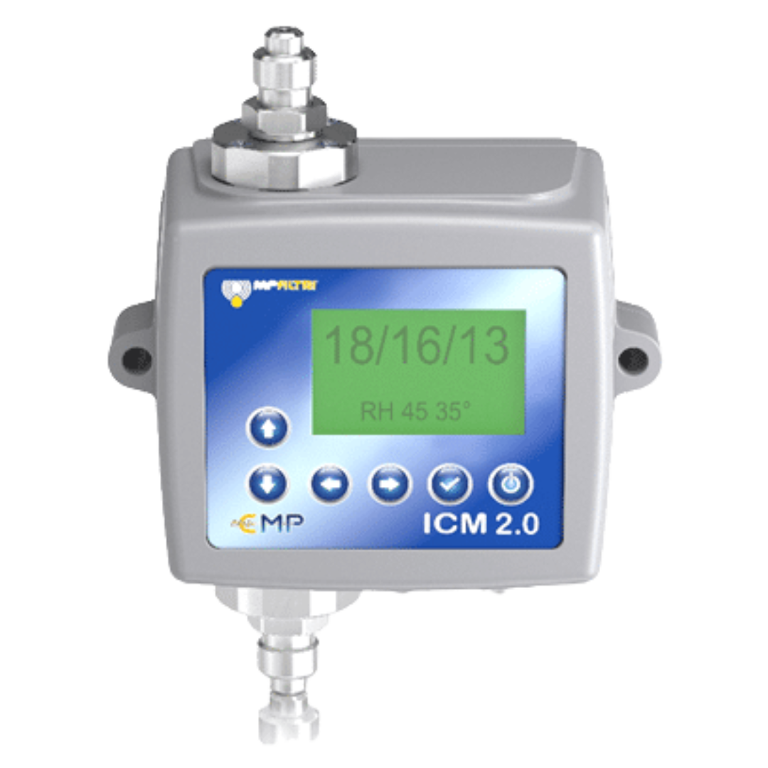 ICMWMKUG12.0 : MP Filtri ICM 2.0 Inline Contamination Monitor, with Moisture & Temp Sensor, for Mineral/Synthetic Oils, with Keypad, with Test Record Transfer, M16x2 Pressure Test Point Connections