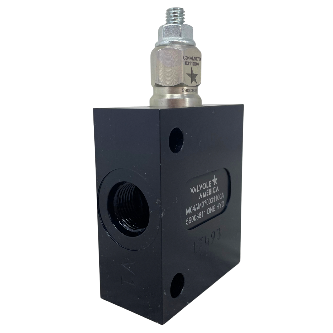 M04AM070031100A-FIRE : FIRE SALE Single T11A counterbalance assembly, 3:1 pilot ratio, set 70 bar (1000 PSI), SAE-8 port, anodized aluminum - ALL SALES FINAL