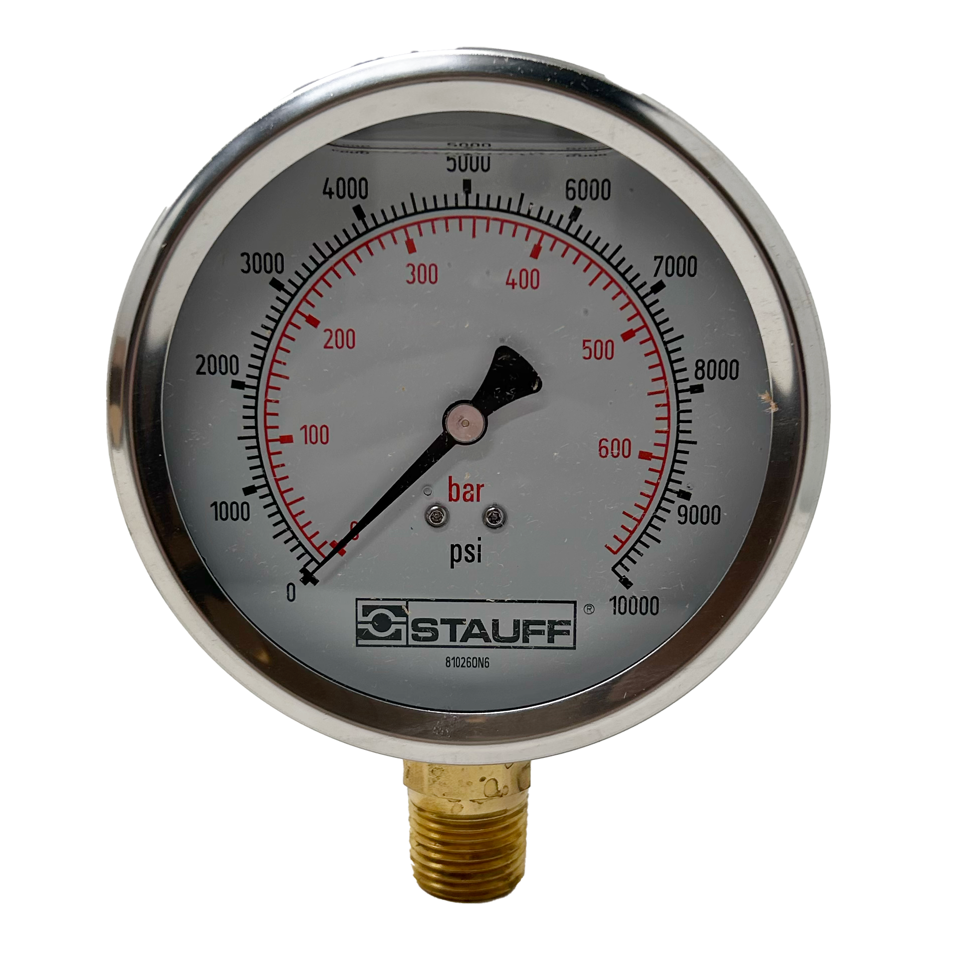 SPG-100-10000-05-S-N08 : Stauff Pressure Gauge, 4" Face, 0-10,000psi, 1/2" NPT, Stem Mount