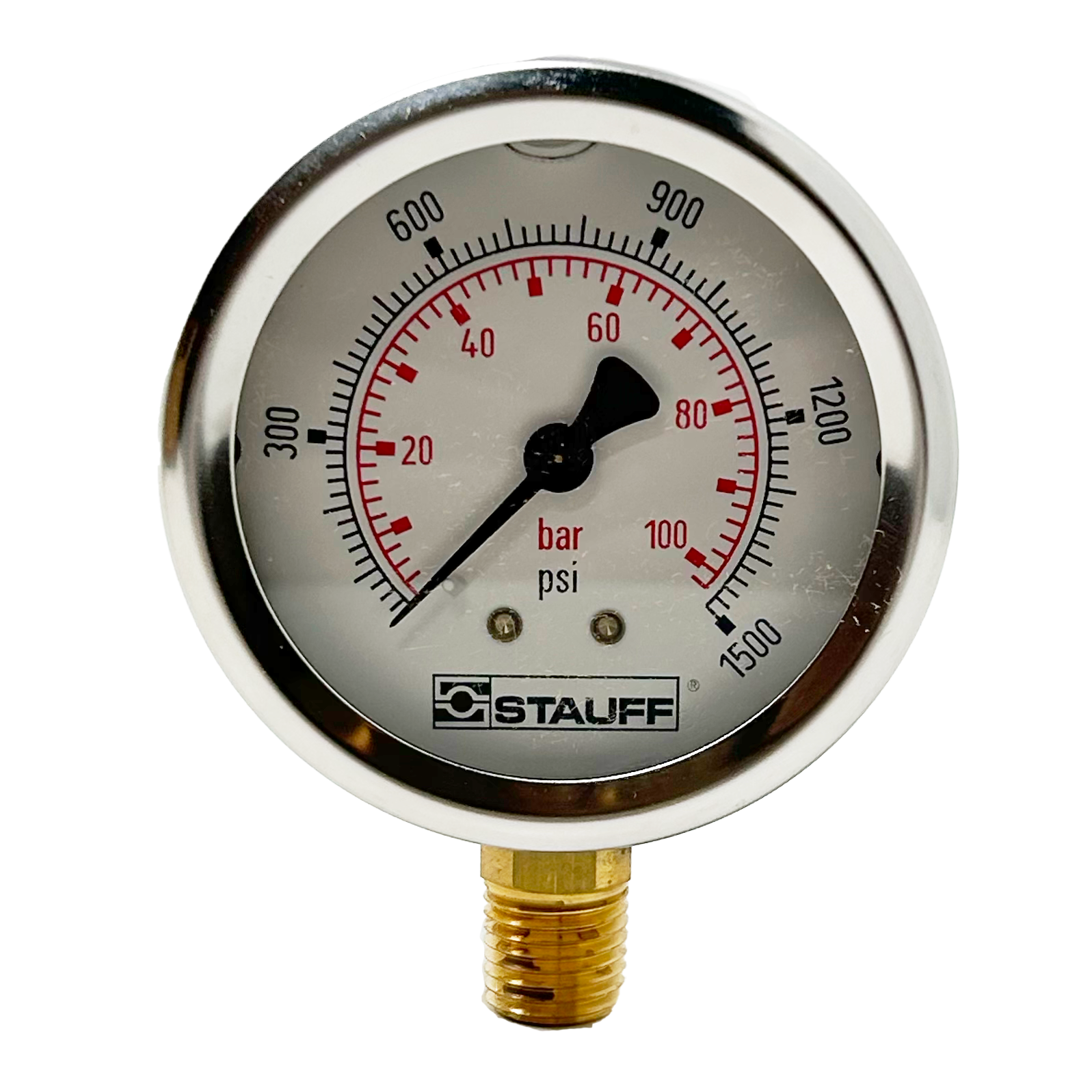 SPG-100-01500-05-S-N08 : Stauff Pressure Gauge, 4" Face, 0-1500psi, 1/2" NPT, Stem Mount